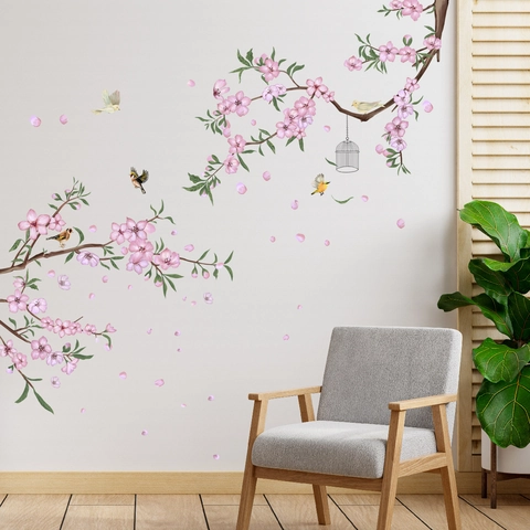 Vinilo Decorativo de Pared con Flor de Cerezo Rosa y Jaula de Pájaros para Dormitorio Sala de Estar PVC Removible Mural DIY