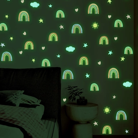 Autocollants Muraux Lumineux Brille Dans Le Noir PVC Arc En Ciel Étoile Coeur Nuages Soleil Décor Aquarelle Pour Chambre Enfant