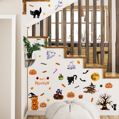 Αυτοκόλλητο Τοίχου Halloween Κινουμένων Σχεδίων Κολοκύθα Φάντασμα Μάγισσα Κάστρο PVC Για Σαλόνι Υπνοδωμάτιο Κουζίνα Διακόσμηση