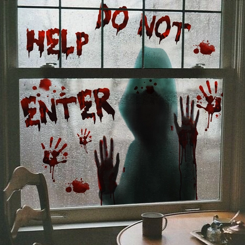 Halloween Bloody Handprint Window Stickers Horror PVC Static Clings Help Do Not Enter Blood Splatter Decor For Party