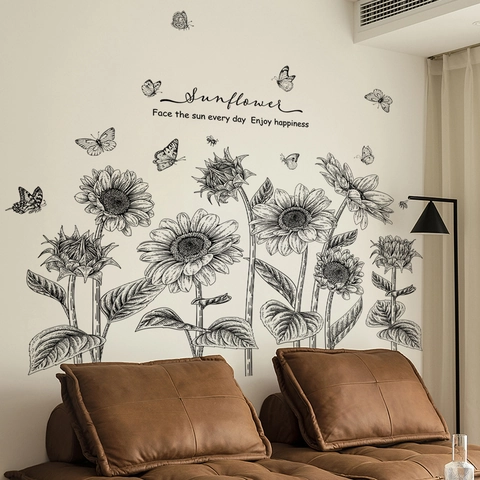 Sunflower Butterfly Wall Sticker Black Line Art Botanical Floral Quote Decal For Living Room Bedroom Home Office Decor
