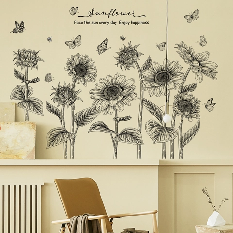 Sunflower Butterfly Wall Sticker Black Line Art Botanical Floral Quote Decal For Living Room Bedroom Home Office Decor