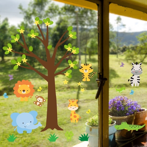 Cartoon Jungle Animal Tree Window Stickers Double Sided Visual Static Cling PVC Decals For Kids Nursery Glass Decoration
