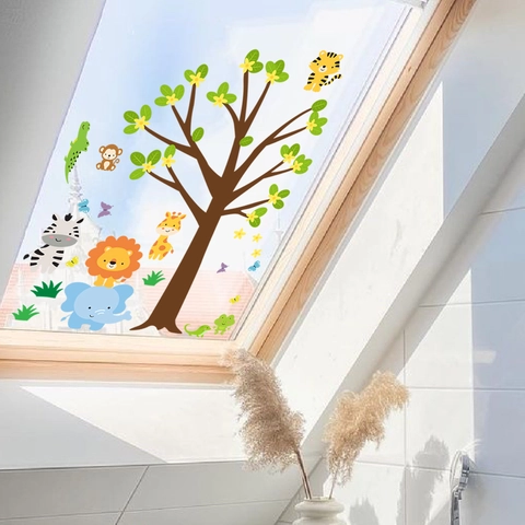 Cartoon Jungle Animal Tree Window Stickers Double Sided Visual Static Cling PVC Decals For Kids Nursery Glass Decoration