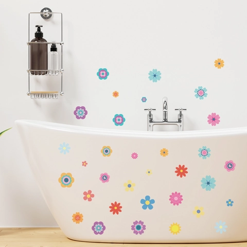 Colorful Cartoon Flower Bathtub Stickers PVC Waterproof Self-Adhesive Wall Decals For Bathroom Tub Tile Decor Floral