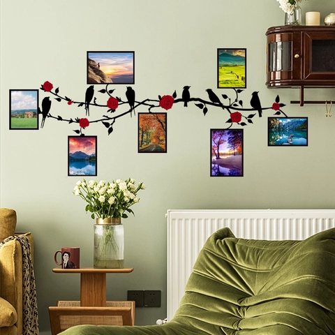 Photo Wall Stickers Branches Birds Red Rose Creative DIY Frames Home Decor Self Adhesive PVC Wall Decals