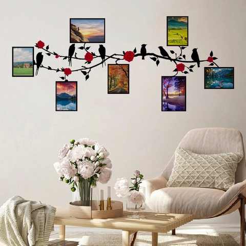 Photo Wall Stickers Branches Birds Red Rose Creative DIY Frames Home Decor Self Adhesive PVC Wall Decals
