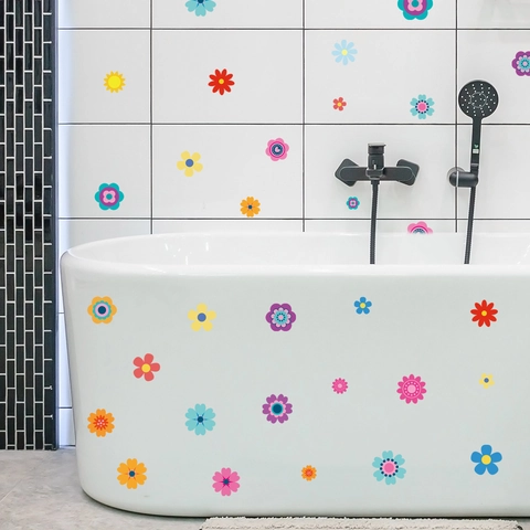Colorful Cartoon Flower Bathtub Stickers PVC Waterproof Self-Adhesive Wall Decals For Bathroom Tub Tile Decor Floral