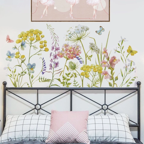 Aquarell Blumen Schmetterling Wandaufkleber PVC Abnehmbare Florale Wandtattoos Für Wohnzimmer Schlafzimmer Küche Schrank Deko