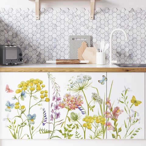 Aquarell Blumen Schmetterling Wandaufkleber PVC Abnehmbare Florale Wandtattoos Für Wohnzimmer Schlafzimmer Küche Schrank Deko