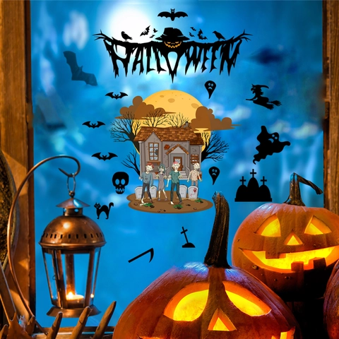 Halloween Window Static Stickers Bat Zombie Ghost Haunted House Double Sided PVC Decorative Decals For Glass Window Decor