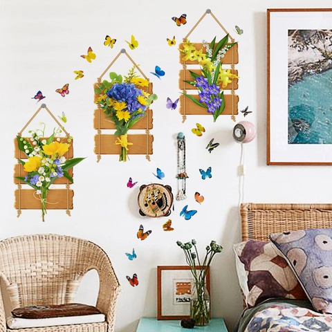 Blumen Schmetterling Wandaufkleber Simulation Blumentopf Holzbrett PVC Selbstklebende Wandtattoos Für Wohnzimmer Heimdeko