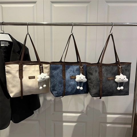 Sac Fourre-Tout Rétro de Grande Capacité pour Femmes Sac à Épaule Vintage Texture Lavée Minimaliste Décontracté pour Trajet