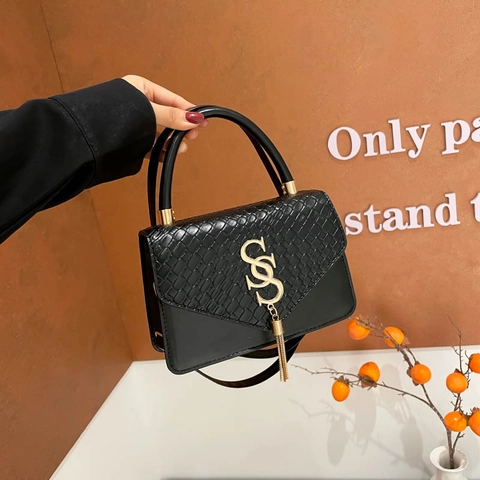 Borsa Tracolla Donna Pelle PU Patta Intrecciata Nappa Logo Lettera Metallo Borsa A Mano Borsa Spalla Semplice Moda