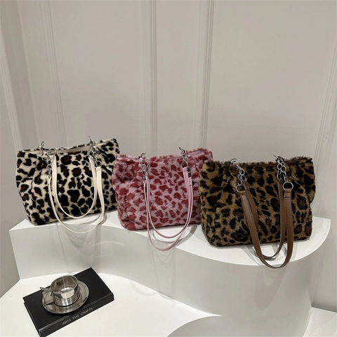 Dames Fashion Luipaardprint Pluche Tote Bag Grote Capaciteit Kunstbont Schoudertas Met Metalen Ketting Herfst Winter Casual Handtas