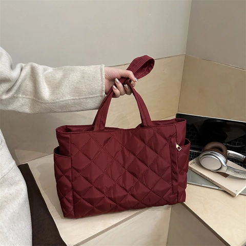 Bolso Tote Acolchado de Rombos de Gran Capacidad Para Mujer Bolso de Hombro de Nylon Acolchado Ligero Informal Bolso de Mano con Bolsillos Laterales