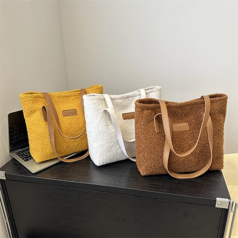 Bolso Tote de Peluche de Lana de Cordero para Mujer Gran Capacidad Minimalista Viaje Bolso de Hombro con Correas de Cuero