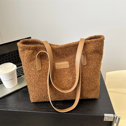 Borsa Tote in Peluche Casual da Donna Morbida Borsa a Tracolla in Pelliccia Sintetica Con Cinturino in Pelle Grande Capacità Autunno Inverno