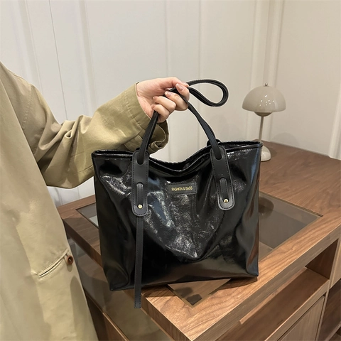 Bolso Tote De Mujer De Gran Capacidad Cuero De Patente PU Color Sólido Moda Conmutar Hombro Bolso Estilo Nicho