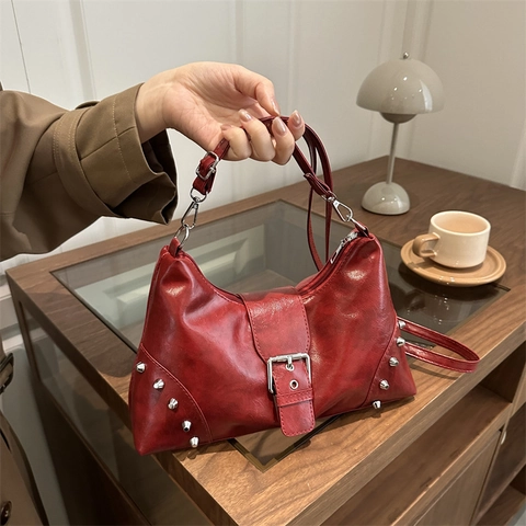Underarm Bag PU Leather Rivet Metal Buckle Zipper Retro Punk Y2K Style Shoulder Handbag For Women Casual Fashion