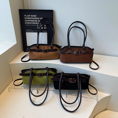 Borsa Sottoascellare Patchwork in Camoscio Vintage per Donna Borsa a Tracolla di Grande Capacità Con Fibbia in Metallo Borsa Casual