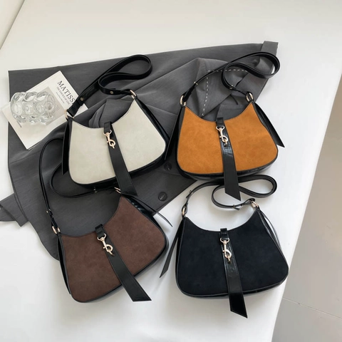 Damen Retro Wildleder PU Leder Achseltasche Sichel Hobo Halbmond Schultertasche Spleißen Metallschnalle Elegant Nische