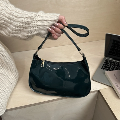 Women Patent Leather Underarm Bag Minimalist Solid Color PU Leather Hobo Bag Retro Small Square Shoulder Bag With Golden Zipper