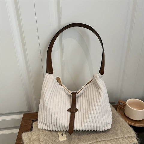Women Corduroy Shoulder Bag Large Capacity Tote Bag Vintage Hobo Bag With Leather Strap Casual Commuting Bag Autumn Winter