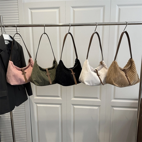 Women Corduroy Shoulder Bag Large Capacity Tote Bag Vintage Hobo Bag With Leather Strap Casual Commuting Bag Autumn Winter