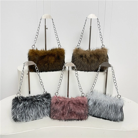 Faux Fur Plush Pillow Bag With Metal Chain Strap Korean Style Winter Fluffy Shoulder Crossbody Bag For Women Fashion Streetwear Handbag