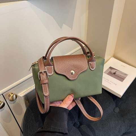 Dames Mini Nylon Crossbody Handtas Contraststiksels Lederen Bies Kleine Vierkante Tote Bag Met Handvat Casual Eenvoudig