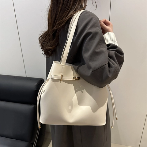Bolso de Cubo de Cuero de PU Minimalista de Color Sólido para Mujer Bolso de Hombro de Gran Capacidad Tendencia de Calle