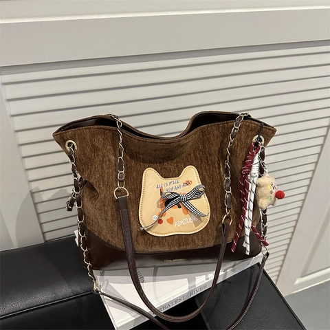 Dames Retro Corduroy Tote Bag Grote Capaciteit Patchwork Schoudertas Kat Patch Ruitjes Strik Metalen Ketting Handtas