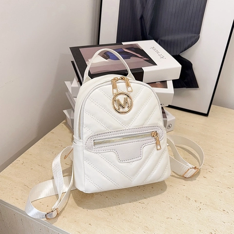 Mini Fashion Backpack Women PU Leather V-Quilted Chevron Gold M Logo Multi-Functional Travel Casual Bag