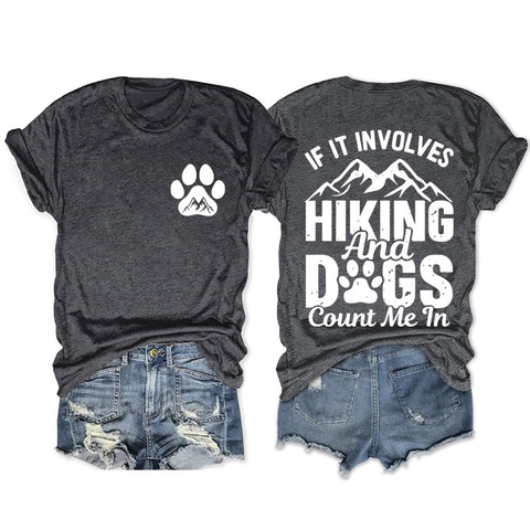 Damen Kurzarm T-Shirt Baumwollmischung Wandern Hunde Print Rundhals Locker Outdoor Casual Tee
