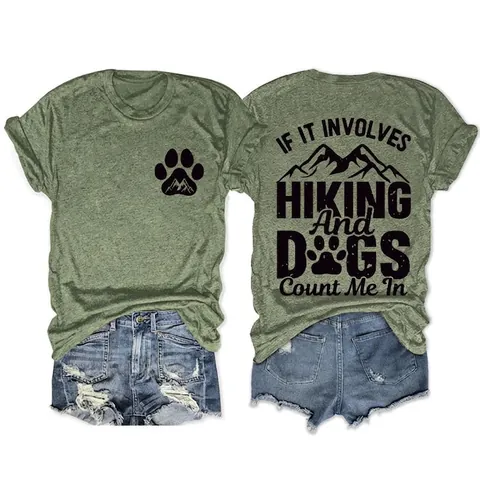 Damen Kurzarm T-Shirt Baumwollmischung Wandern Hunde Print Rundhals Locker Outdoor Casual Tee