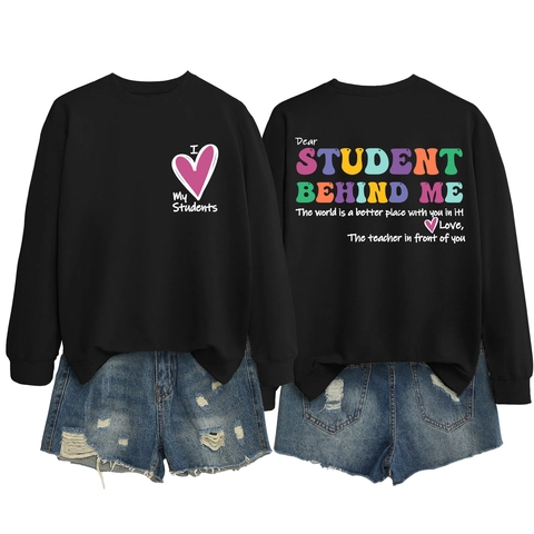 Damen Crewneck Sweatshirt Baumwollmischung Langarm Doppelseitiger Lehrer Print Pullover Locker Lässig Schule Buchstabe Herz