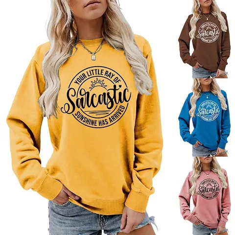 Damen Sweatshirt Sarcastic Sunshine Buchstabendruck Rundhals Langarm Pullover Baumwollmischung Lässig Locker