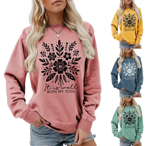 Felpa da Donna Girocollo a Maniche Lunghe Casual con Stampa Floreale Botanica e Grafica It Is Well With My Soul Top Pullover