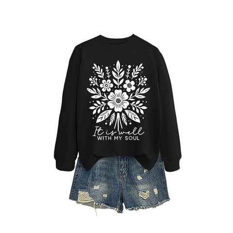 Felpa da Donna Girocollo a Maniche Lunghe Casual con Stampa Floreale Botanica e Grafica It Is Well With My Soul Top Pullover