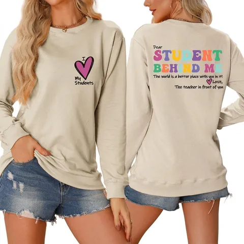 Damen Crewneck Sweatshirt Baumwollmischung Langarm Doppelseitiger Lehrer Print Pullover Locker Lässig Schule Buchstabe Herz