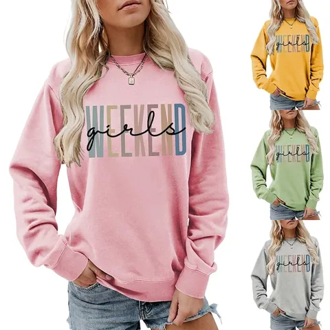 Felpa da Donna Casual Girocollo Weekend Girls Stampa di Lettere Manica Lunga Pullover Largo in Misto Cotone Top Autunno Inverno