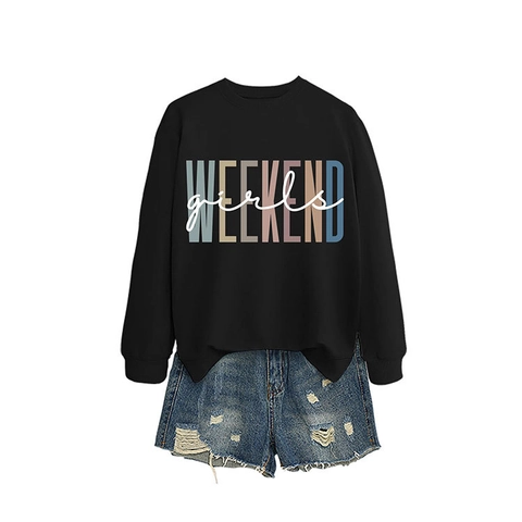 Felpa da Donna Casual Girocollo Weekend Girls Stampa di Lettere Manica Lunga Pullover Largo in Misto Cotone Top Autunno Inverno