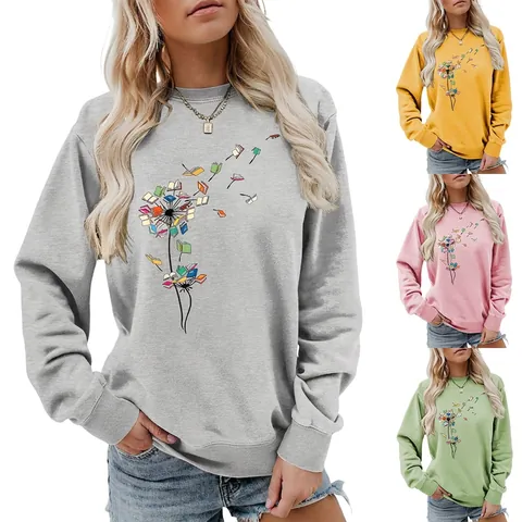 Sweat-shirt Femme Avec Impression Artistique de Livres Pissenlit Décontracté Col Rond Manches Longues Pullover Automne Hiver