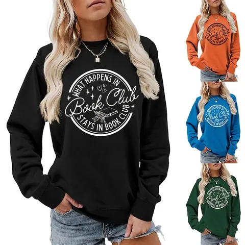 Women's Casual Round Neck Sweatshirt Cotton Blend Book Club Letter Print Loose Long Sleeve Pullover Top For Daily Commute