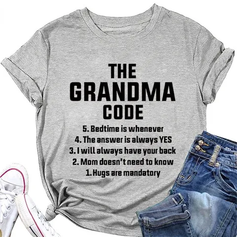 Damen Casual Grandma Code Buchstaben Druck Baumwollmischung Kurzarm Rundhals Lockeres T-Shirt Sommer Mode Tee Top Geschenk