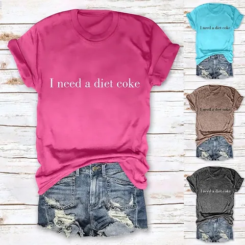 Maglietta Donna Misto Cotone Girocollo Manica Corta Casual Streetwear Vestibilità Larga Stampa I Need A Diet Coke