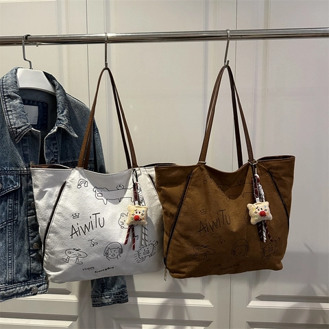 Grand Sac Fourre-Tout pour Femmes Impression Griffonnage Toile Simili Daim Sac à Épaule Rétro Sac à Main Décontracté
