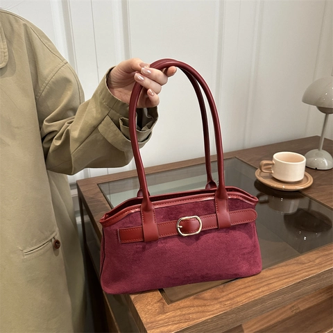 Vintage Faux Suede Underarm Bag For Women Solid Color Shoulder Bag With Metal Buckle Casual Commute Fashion Niche Handbag