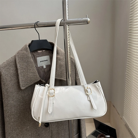 Baguette Achseltasche Retro Glänzendem PU Leder Minimalistische Schulterhandtasche Mit Goldener Schnalle Für Damen